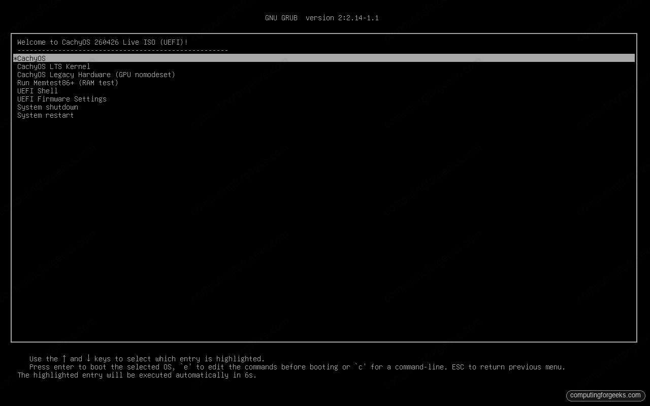 CachyOS GRUB boot menu showing CachyOS, CachyOS LTS Kernel, and legacy hardware options on the live ISO