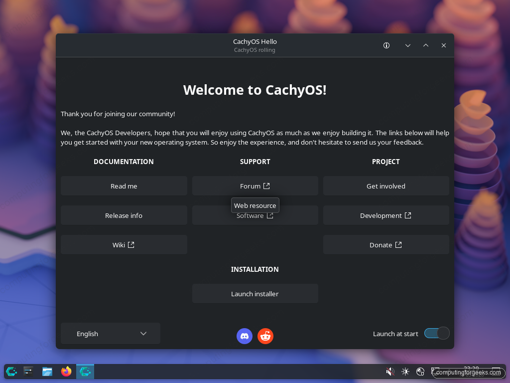 CachyOS Hello welcome window on the live KDE Plasma desktop with documentation, support, project and installation buttons