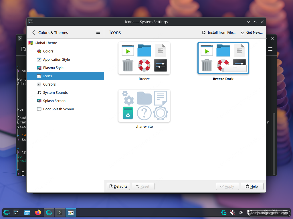 KDE Plasma System Settings Global Theme picker showing available themes including Breeze Dark on a CachyOS install