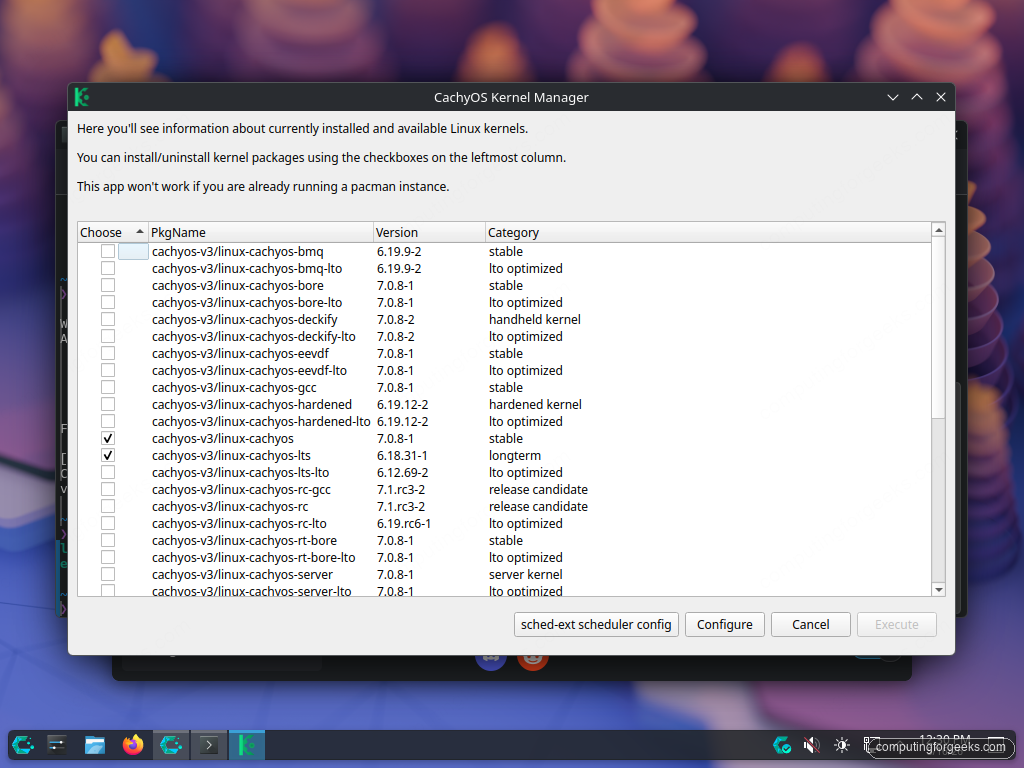 cachyos-kernel-manager Qt6 GUI showing list of CachyOS kernel packages with checkboxes for install plus version and category columns