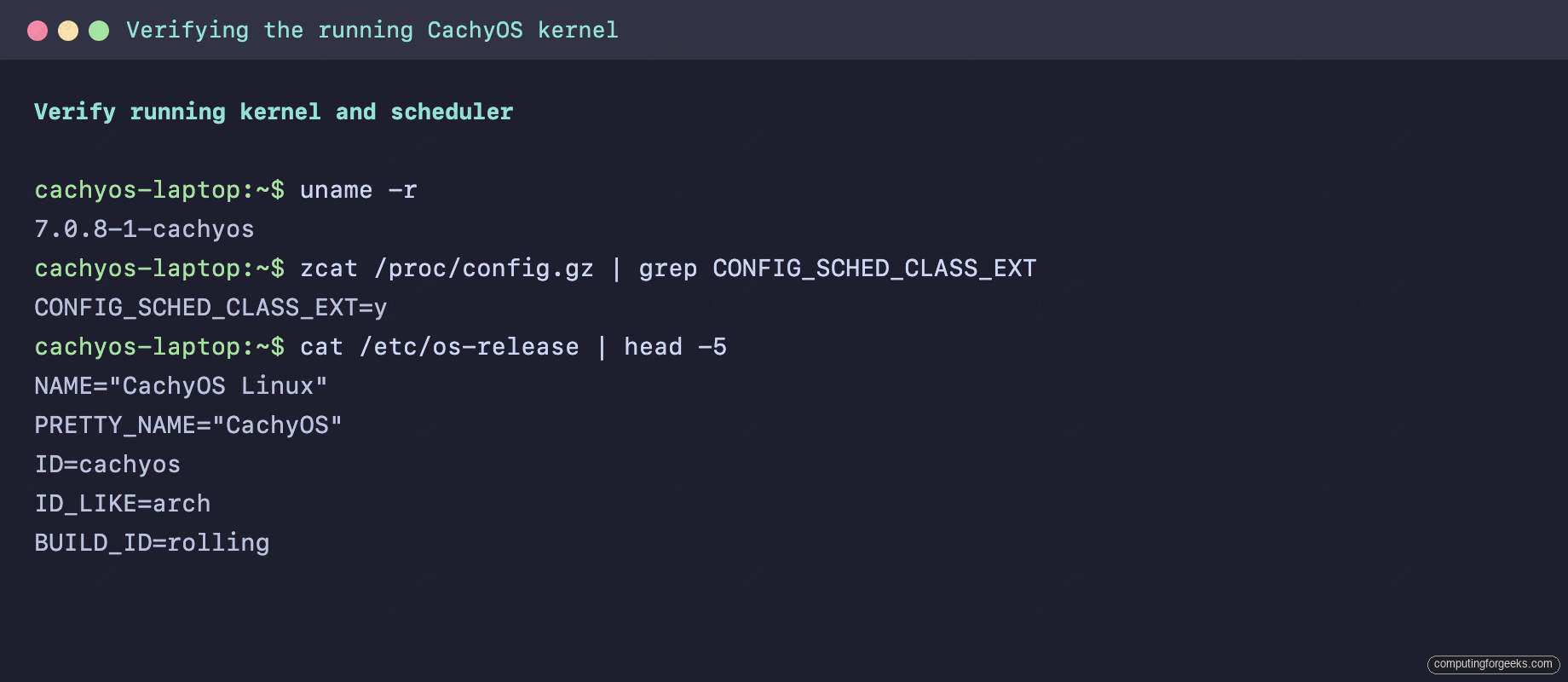 Terminal showing uname -r returning 7.0.8-1-cachyos and CONFIG_SCHED_CLASS_EXT=y from /proc/config.gz on CachyOS Linux rolling