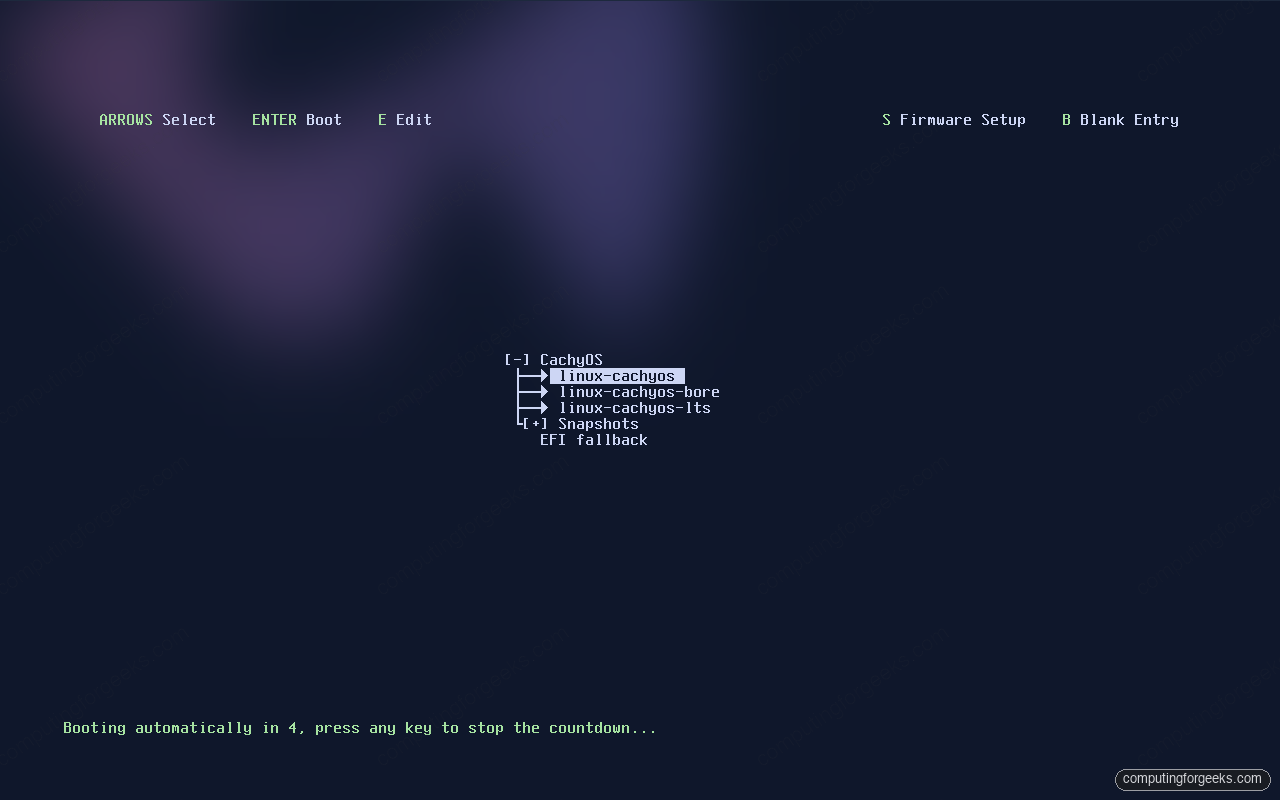 Limine boot menu on CachyOS showing the default linux-cachyos plus linux-cachyos-bore, linux-cachyos-lts and a snapshots submenu with EFI fallback