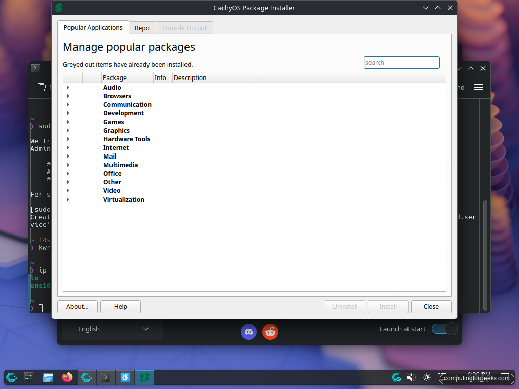 CachyOS Package Installer Qt GUI showing categorised app picks for browsers, development tools, multimedia, office, gaming, and fonts on a fresh CachyOS install
