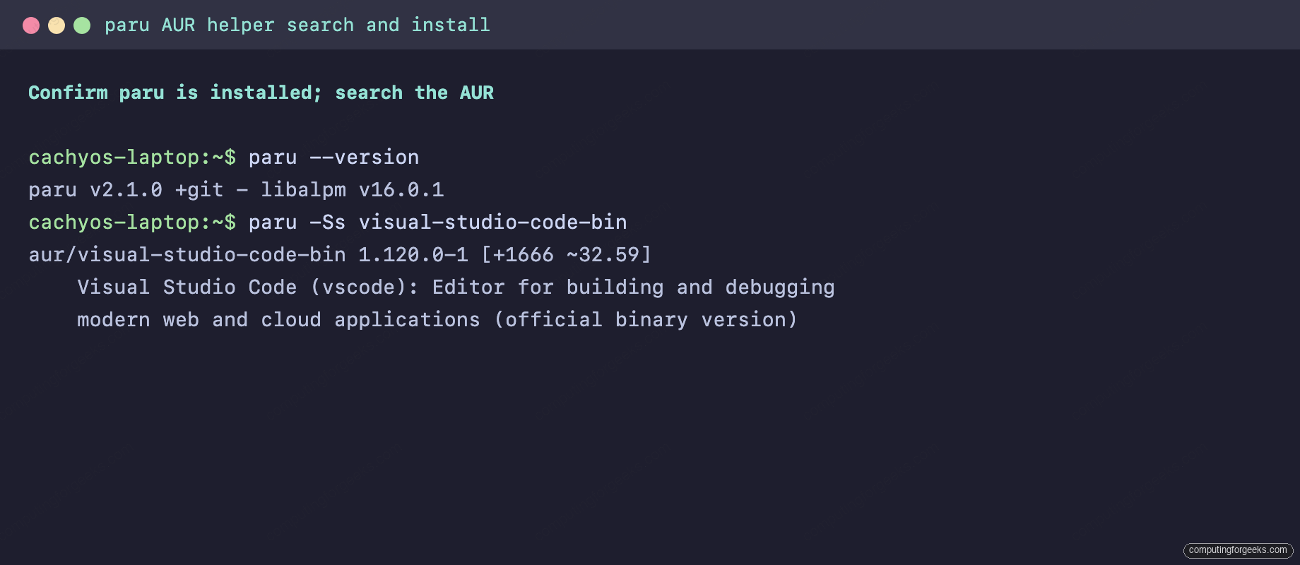Terminal showing paru searching the AUR for visual-studio-code-bin and the PKGBUILD review prompt before install