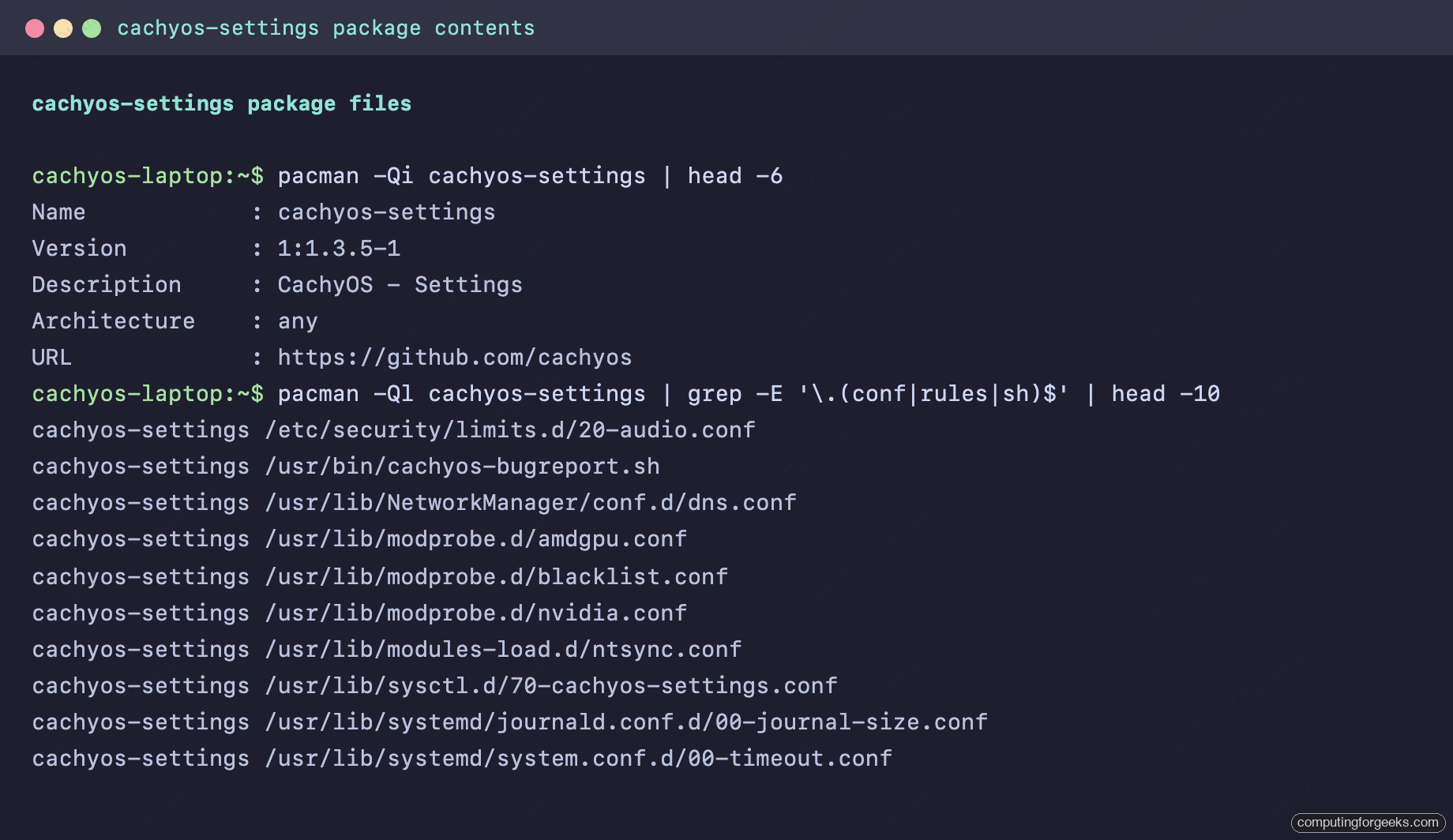 pacman -Ql cachyos-settings output showing config files in /etc/security/limits.d, /usr/lib/modprobe.d, /usr/lib/sysctl.d, /usr/lib/systemd that the package installs on CachyOS