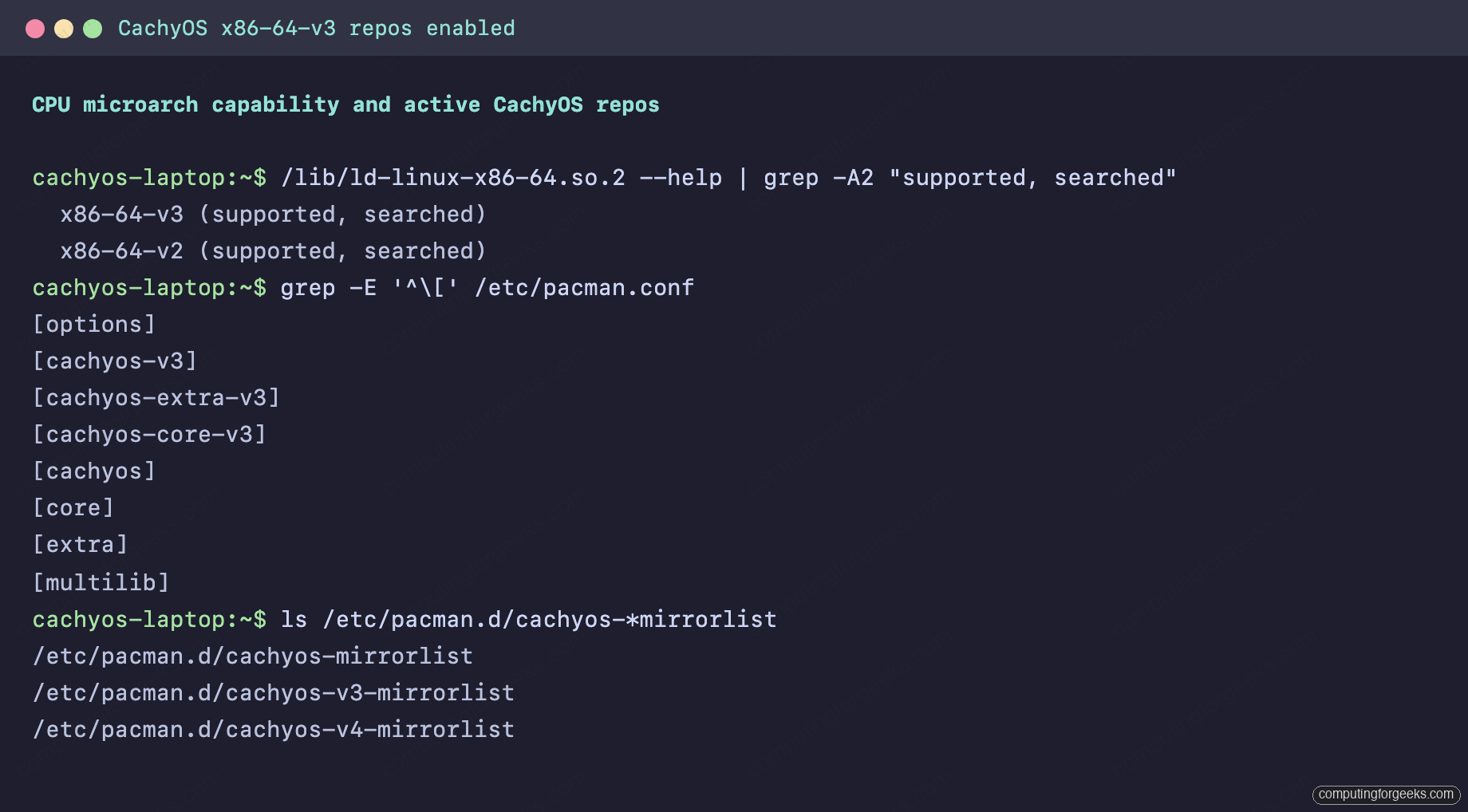 Terminal output showing ld-linux reporting x86-64-v3 and v2 as supported and pacman.conf containing cachyos-v3 cachyos-extra-v3 and cachyos-core-v3 repo sections
