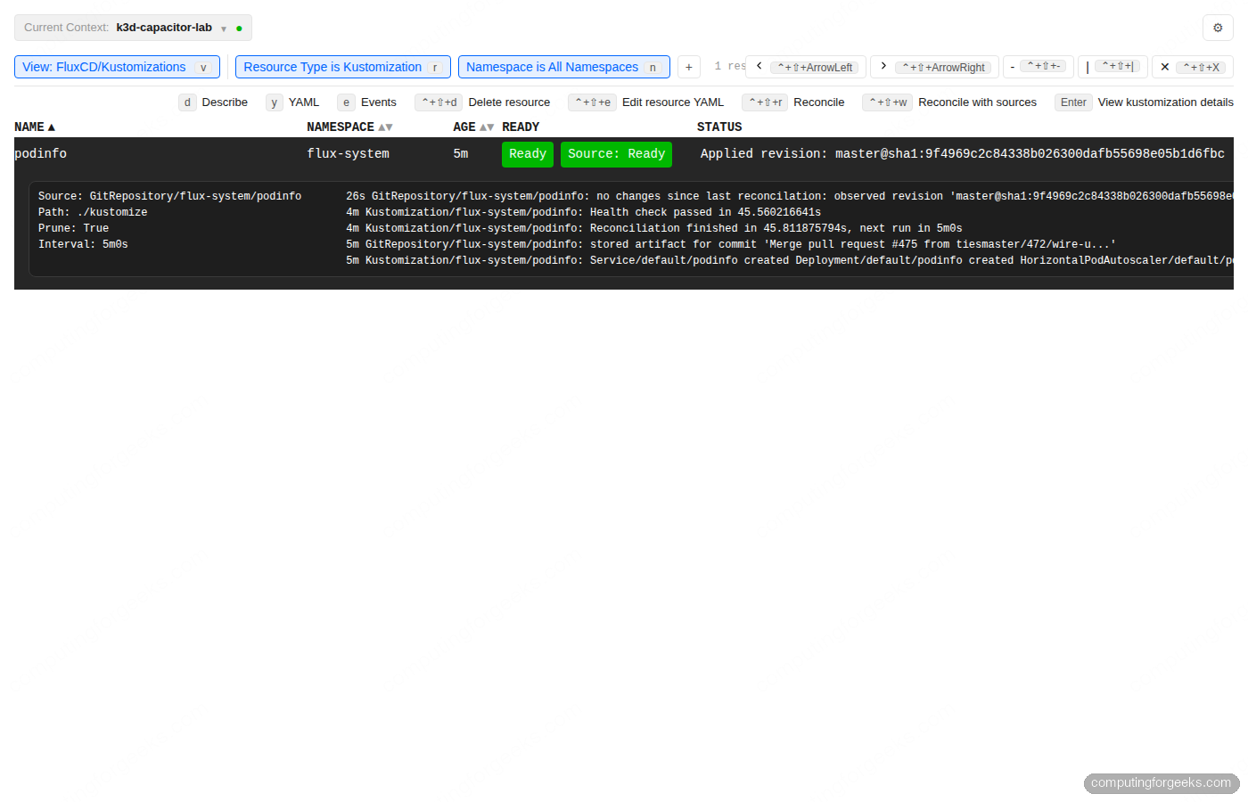 Capacitor Next Kustomization list showing podinfo Ready with applied revision and timeline of reconciliation events