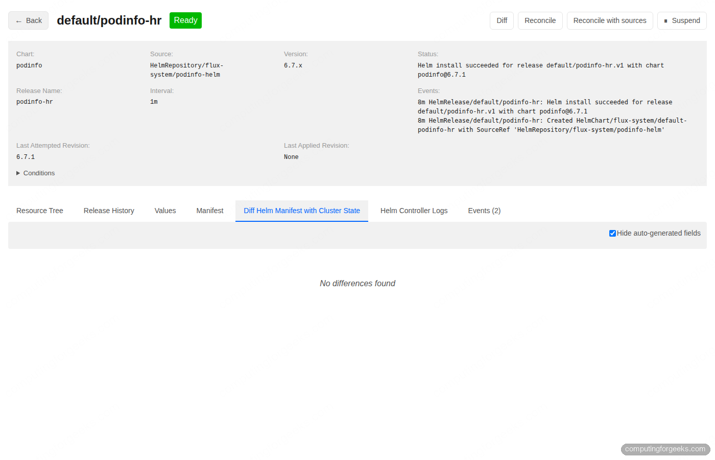Capacitor Next Diff Helm Manifest with Cluster State tab reporting No differences found for the podinfo-hr release