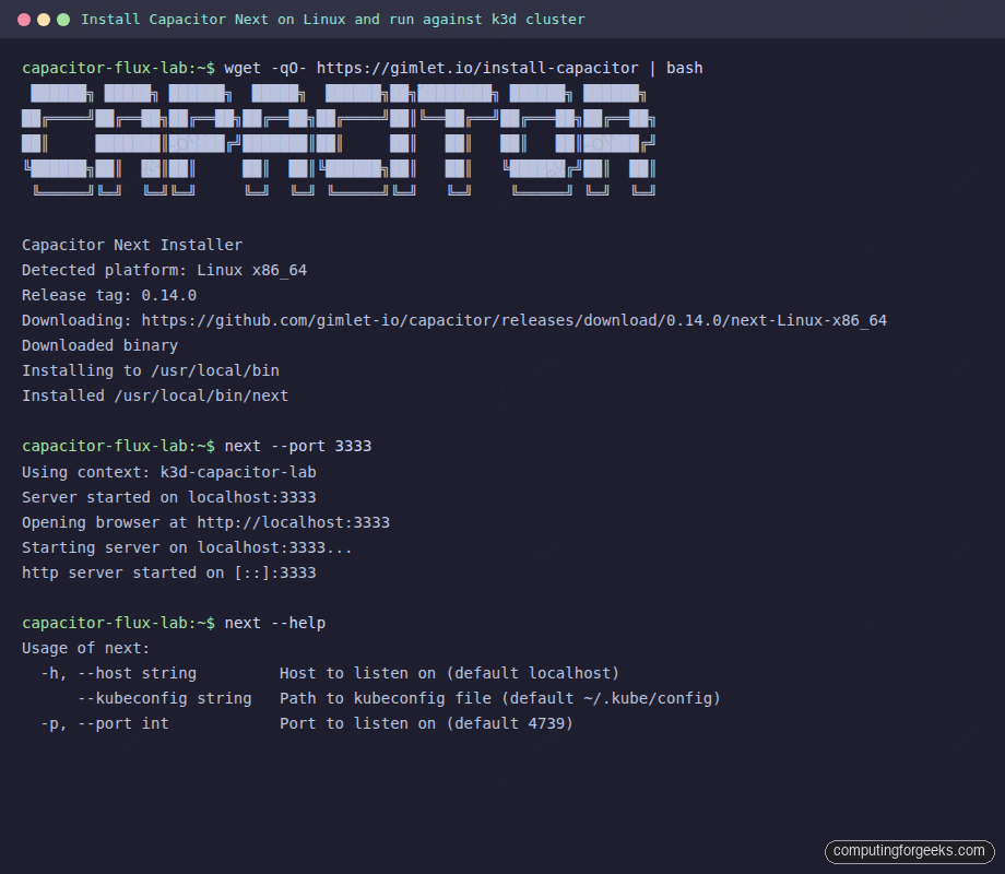 Terminal output of installing Capacitor Next 0.14.0 binary on Linux and starting the local server