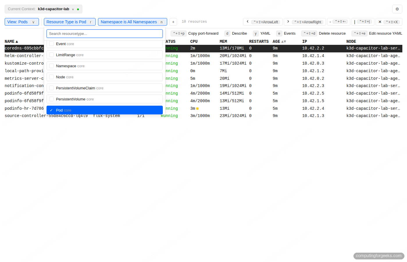 Capacitor Next resource type picker open with searchable list of Kubernetes kinds: Event, LimitRange, Namespace, Node, Pod, PVC
