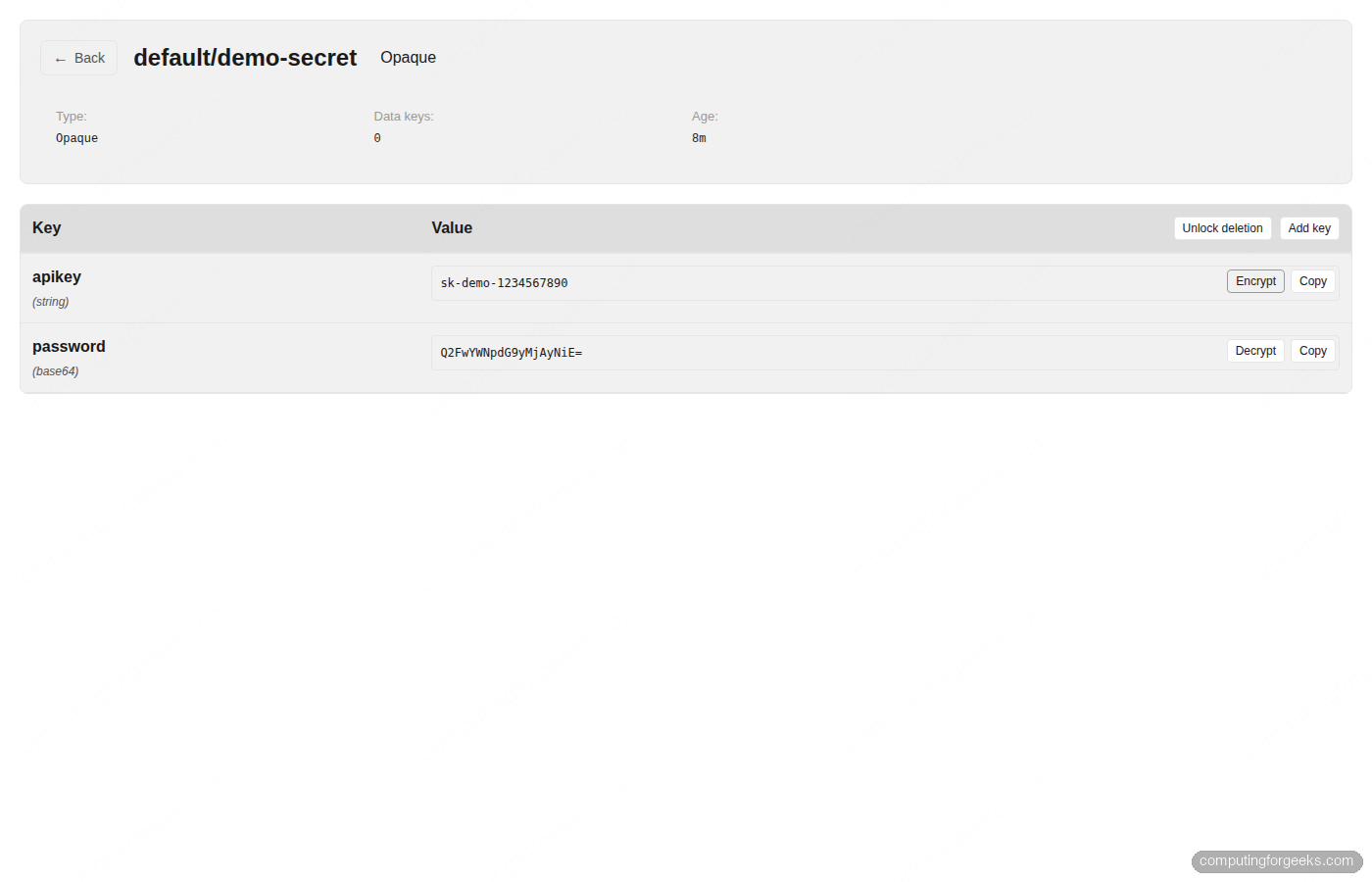 Capacitor Next Secret detail for default/demo-secret with apikey decrypted to plaintext and password key still base64 encoded