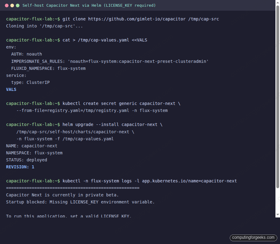 Terminal output of self-host Helm install of Capacitor Next where pod CrashLoopBackOff with private beta LICENSE_KEY required message