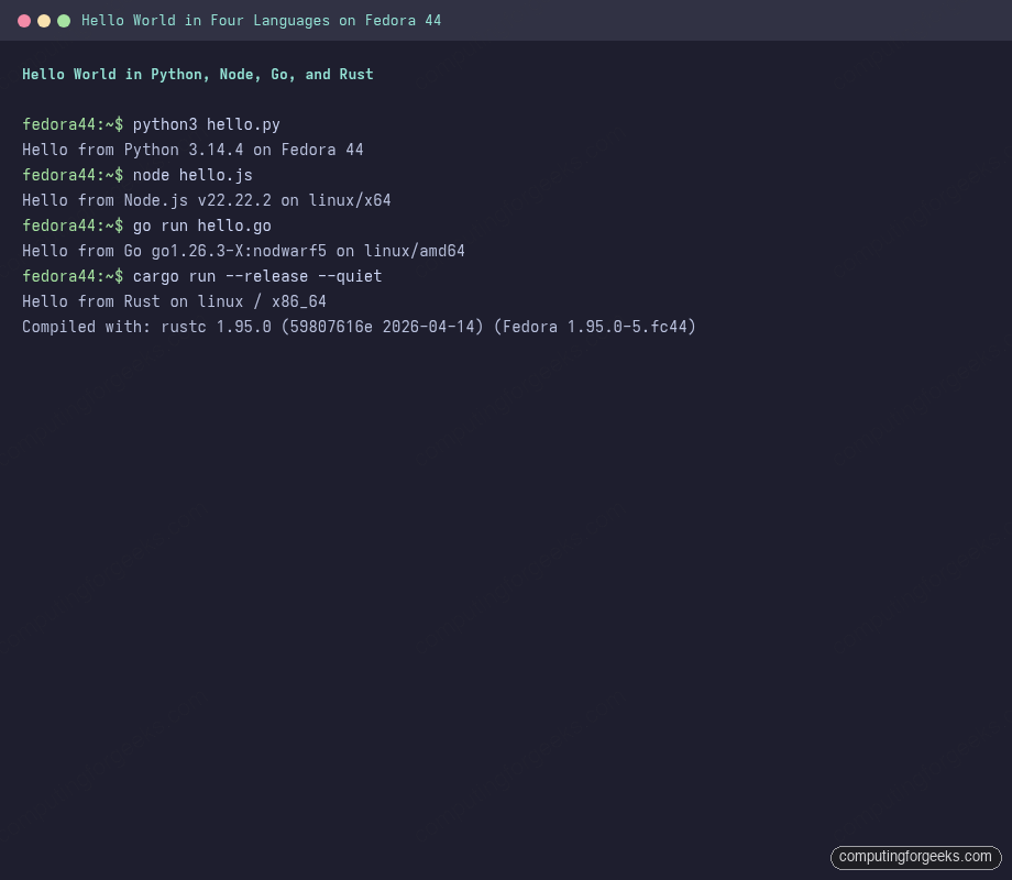 Hello world output in Python, Node.js, Go, and Rust running on Fedora 44