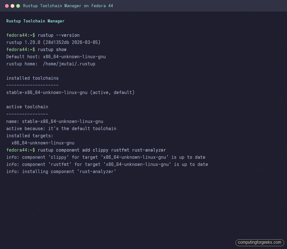rustup show and component add output on Fedora 44