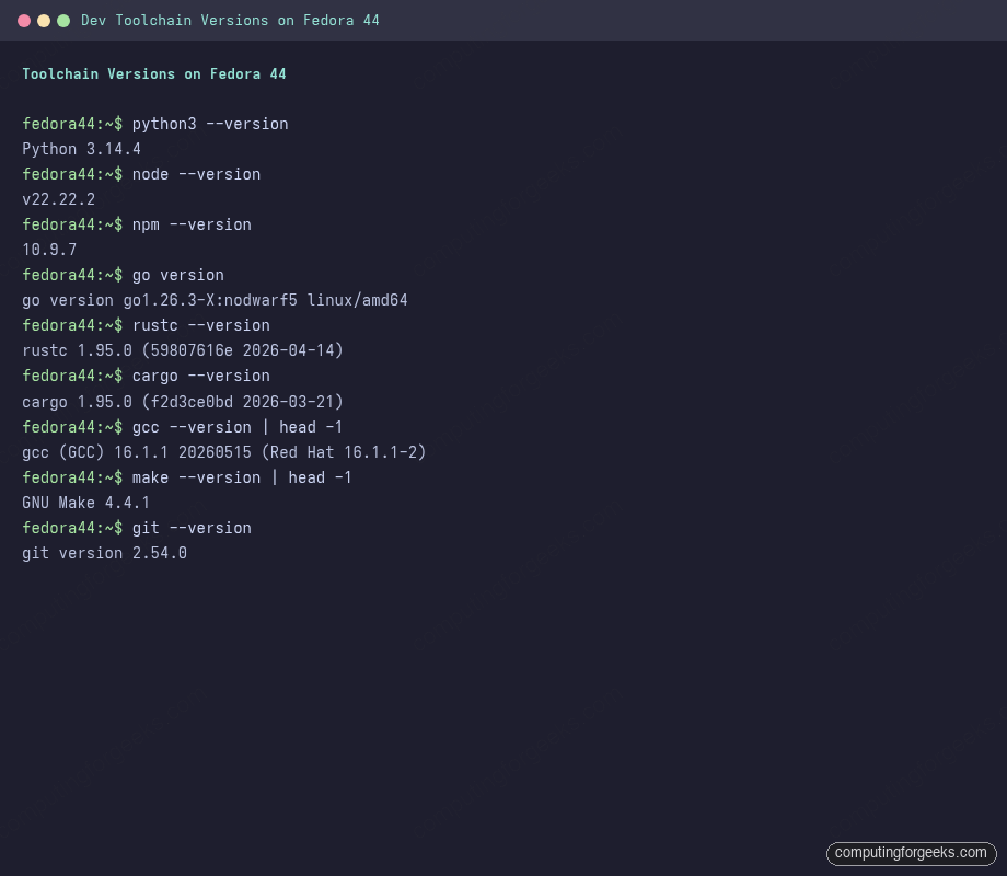 Python 3.14.4, Node 22.22.2, Go 1.26.3, Rust 1.95.0, GCC 16.1.1 versions on Fedora 44