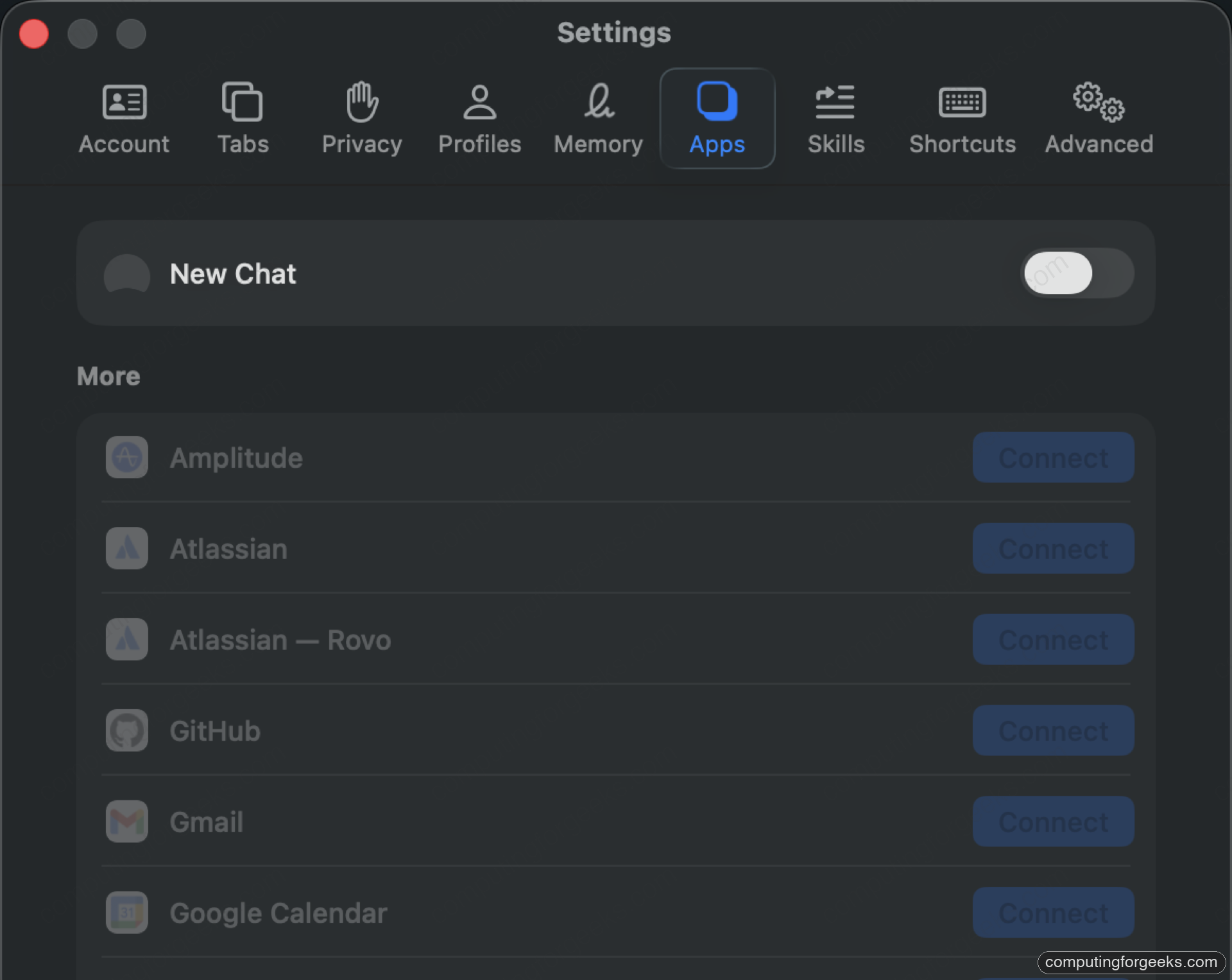 Dia Browser Settings Apps tab on macOS showing the New Chat toggle and connectable integrations for Amplitude, Atlassian, Atlassian Rovo, GitHub, Gmail, and Google Calendar