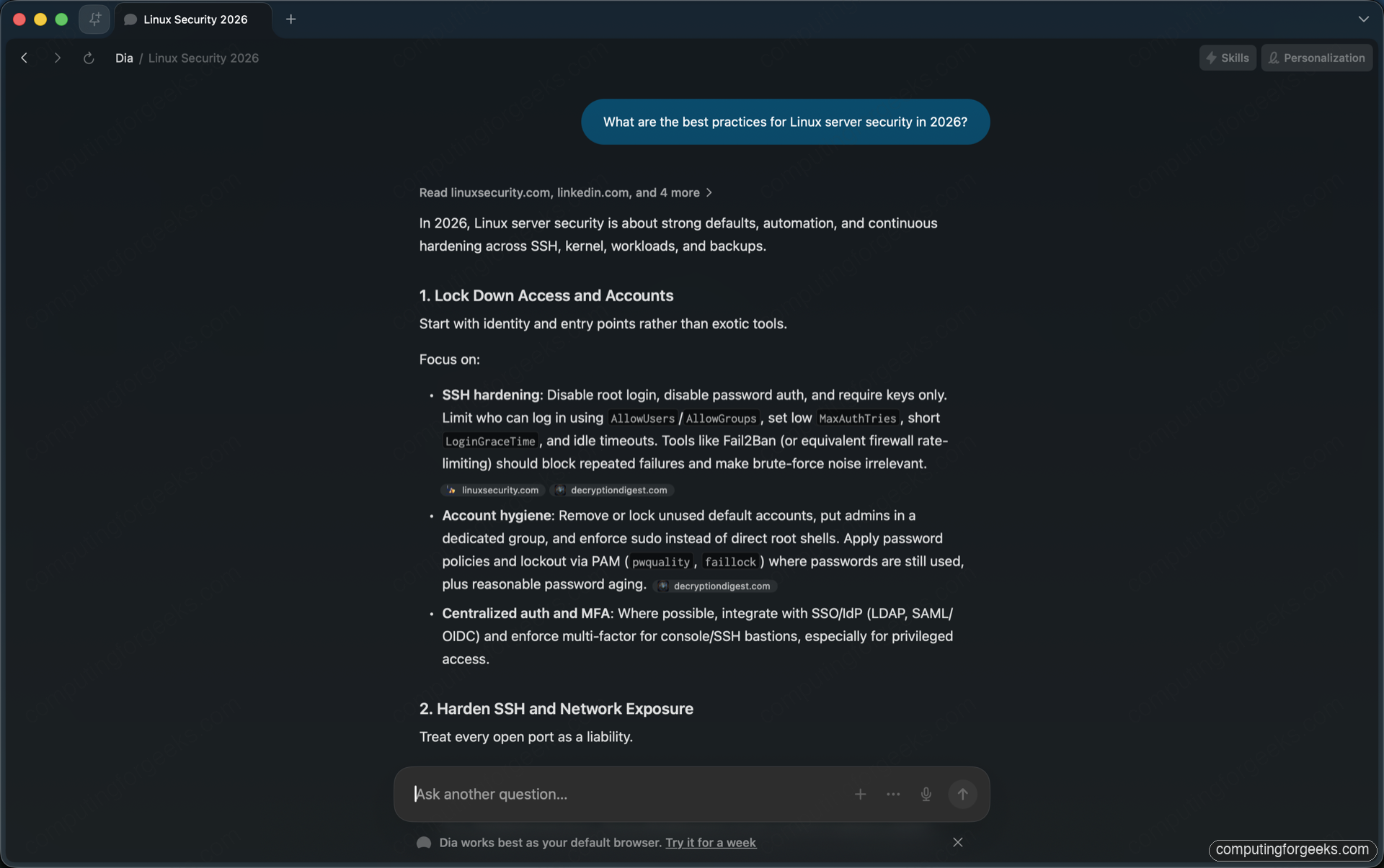 Dia Browser chat showing an answer about Linux server security best practices in 2026, with citations to source articles and structured sections for SSH hardening and account hygiene