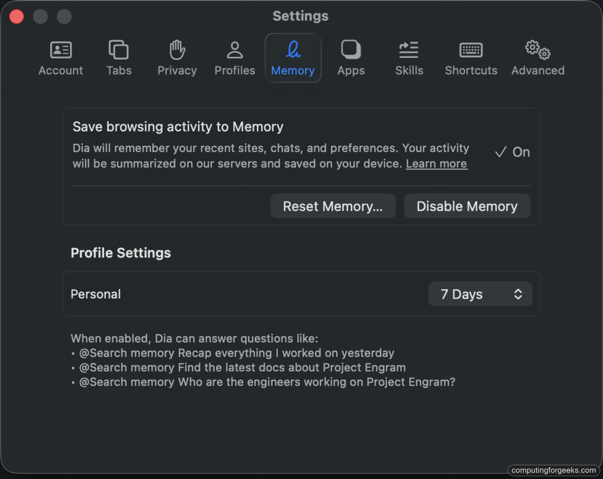 Dia Browser Settings Memory tab on macOS showing the Save browsing activity to Memory toggle set to On with Reset and Disable buttons, and example memory search queries