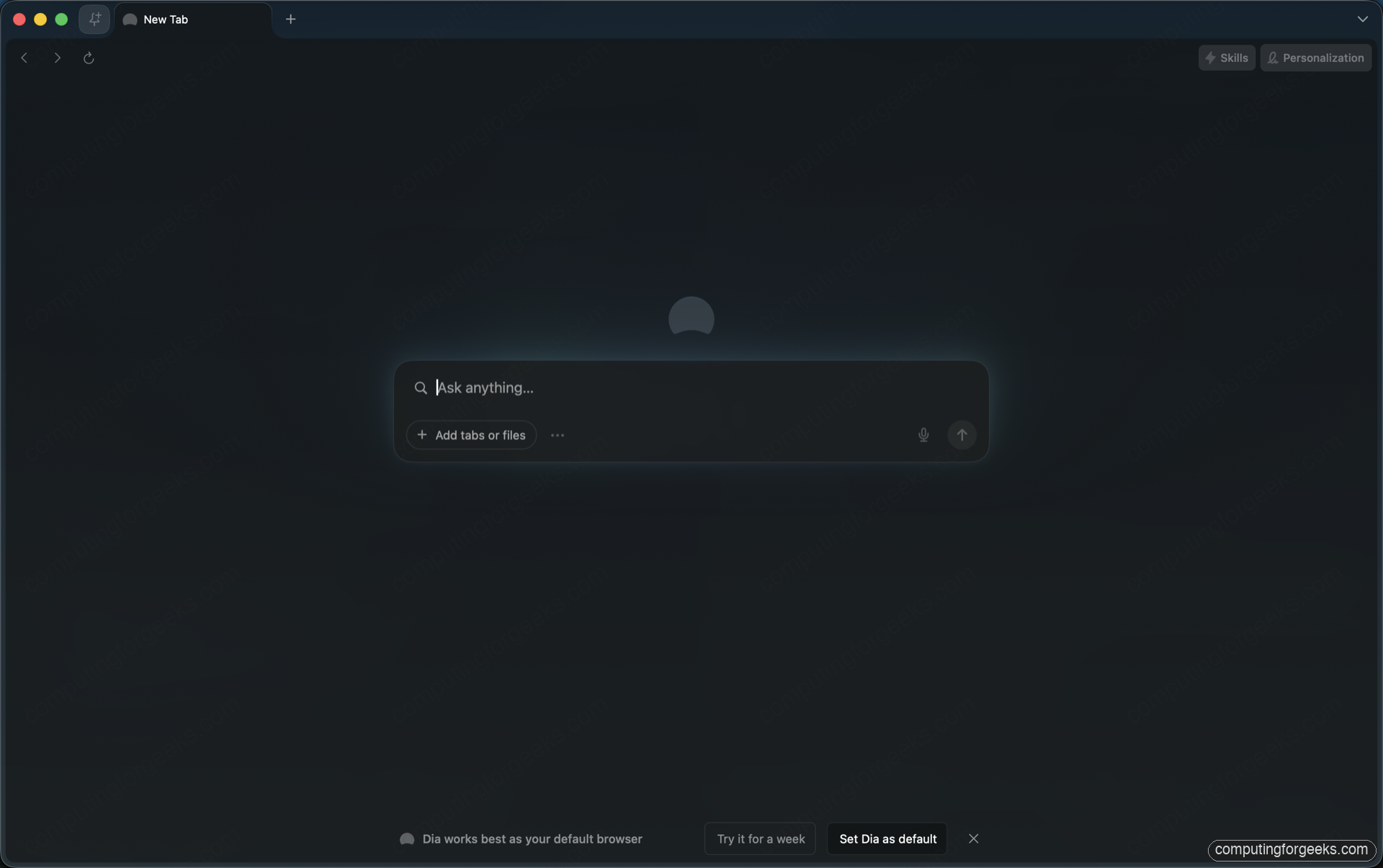 Dia Browser New Tab page on macOS showing the central Ask anything chat box and Skills and Personalization buttons in the top-right
