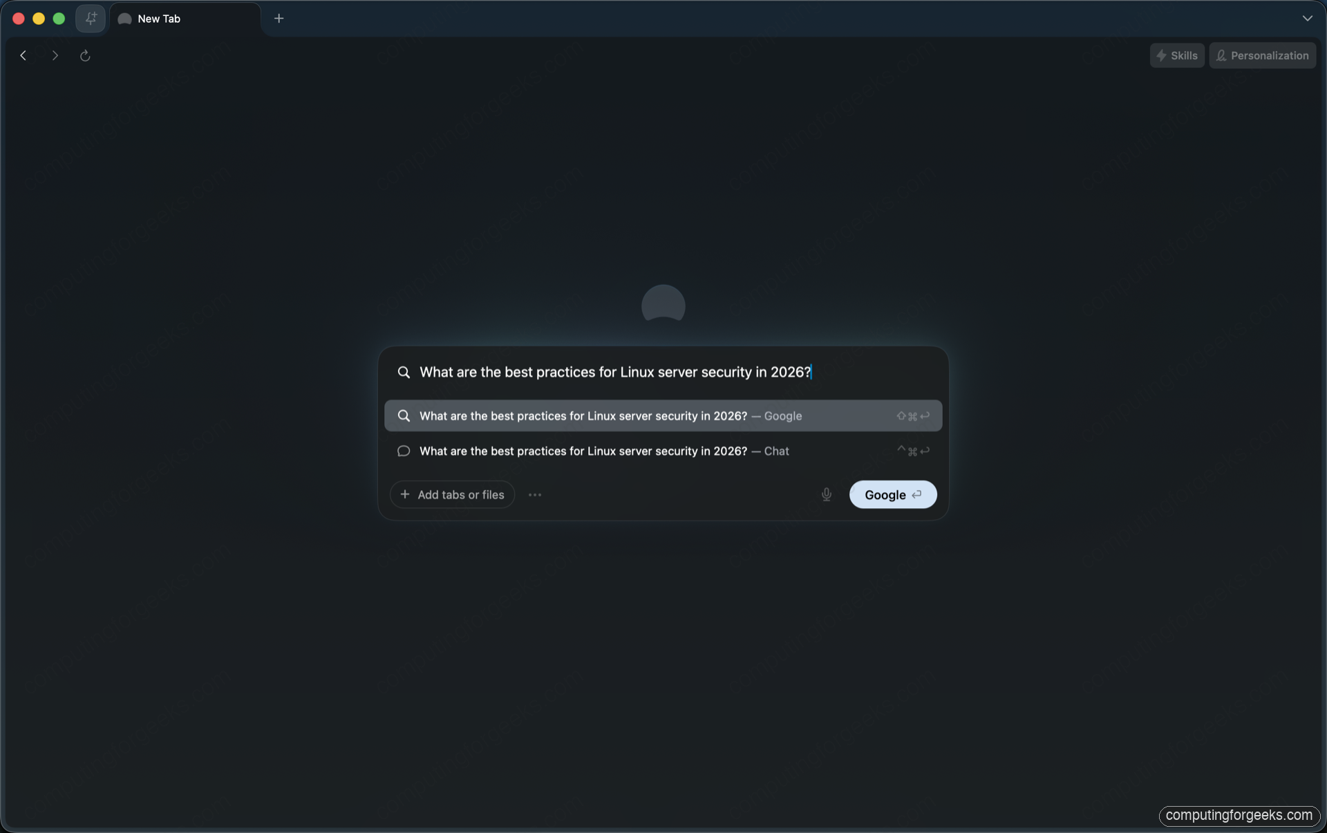 Dia Browser ask anything box showing the same query offered as both a Google search and a Chat response in the result list