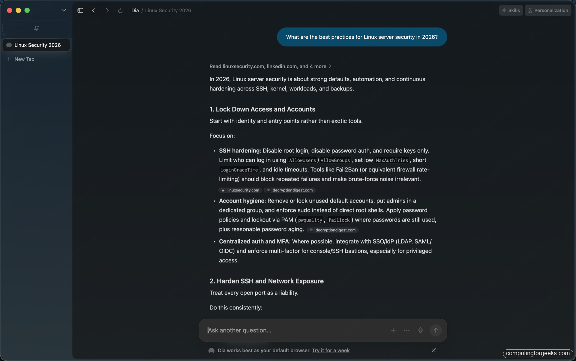 Dia Browser with sidebar tabs view on macOS showing a vertical tabs list including a Linux Security 2026 chat tab in the side panel, and the chat answer rendering in the main pane
