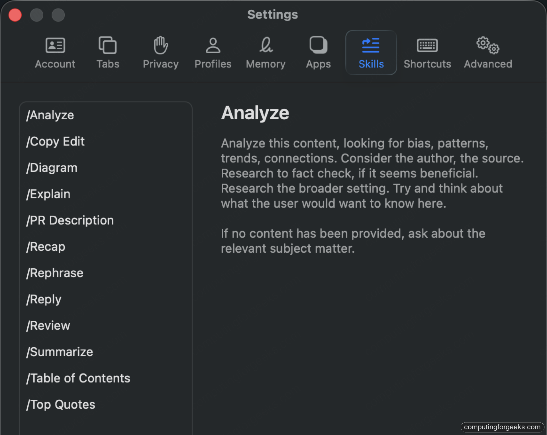 Dia Browser Settings Skills tab on macOS showing the built-in skills list including Analyze, Copy Edit, Diagram, Explain, PR Description, Recap, Rephrase, Reply, Review, Summarize, Table of Contents, and Top Quotes