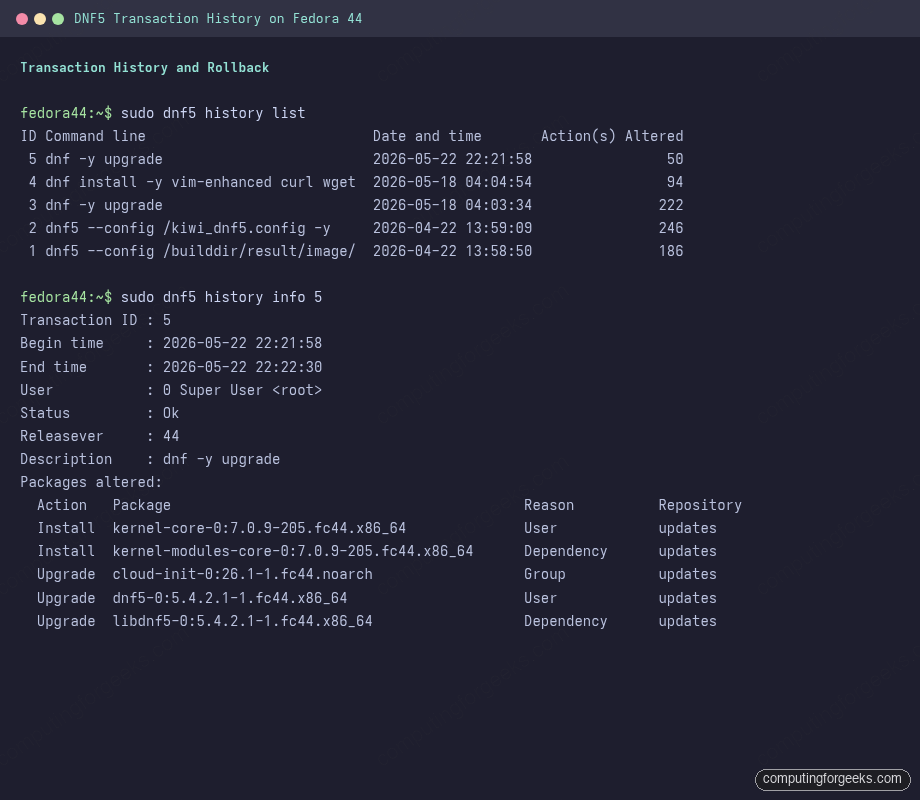 DNF5 Cheatsheet & Tips for Fedora 44 / 43 / 42 3 dnf5 history list and history info output on Fedora 44