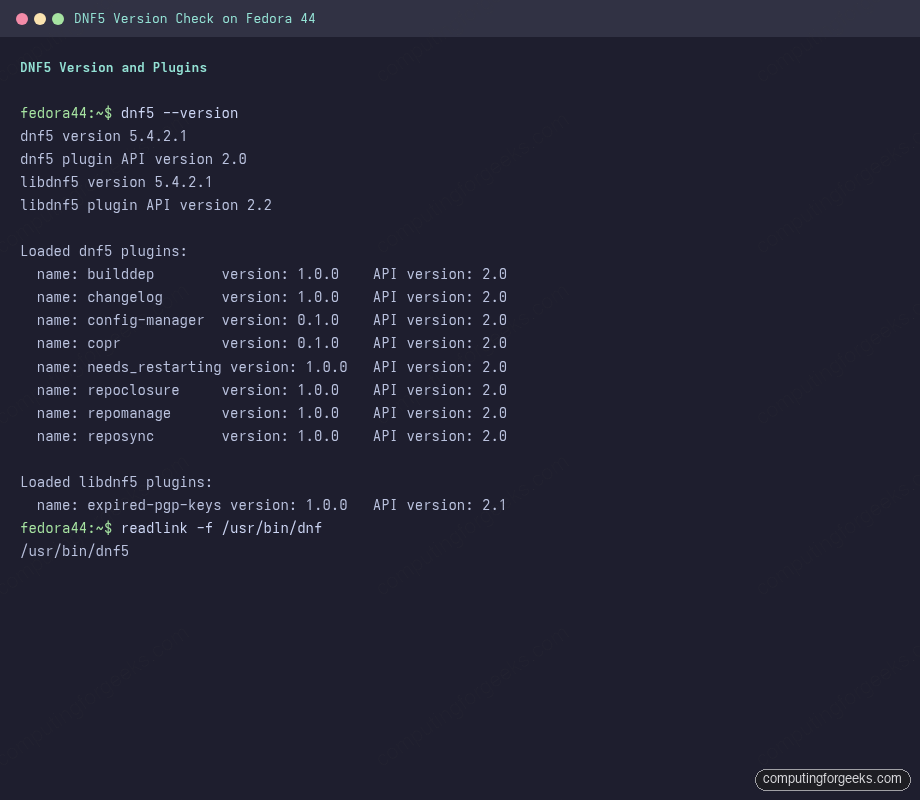 DNF5 Cheatsheet & Tips for Fedora 44 / 43 / 42 1 dnf5 --version output showing dnf5 5.4.2.1 with loaded plugins on Fedora 44