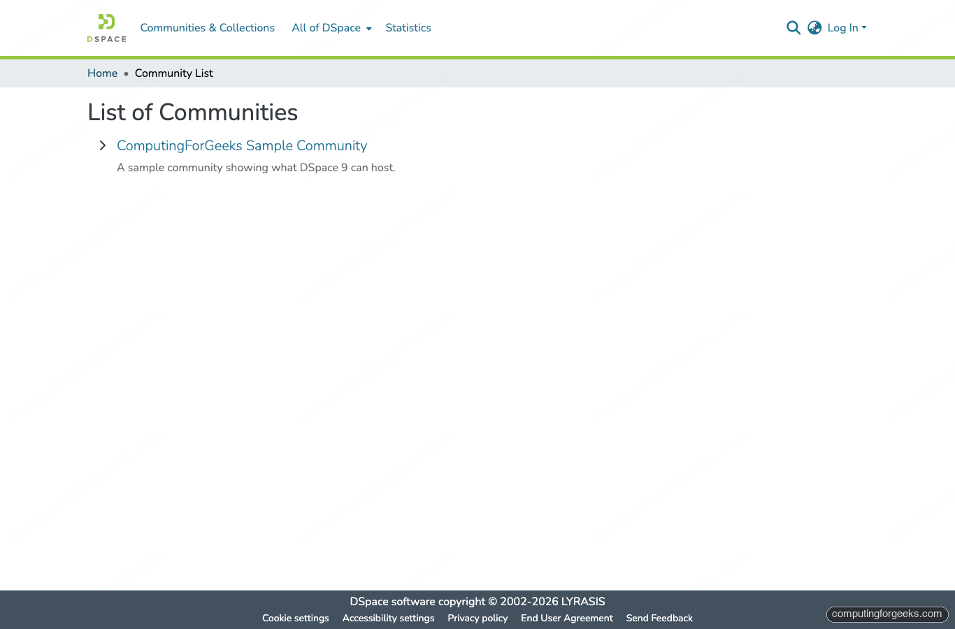 DSpace 9 community list page showing a sample community on Rocky Linux 10