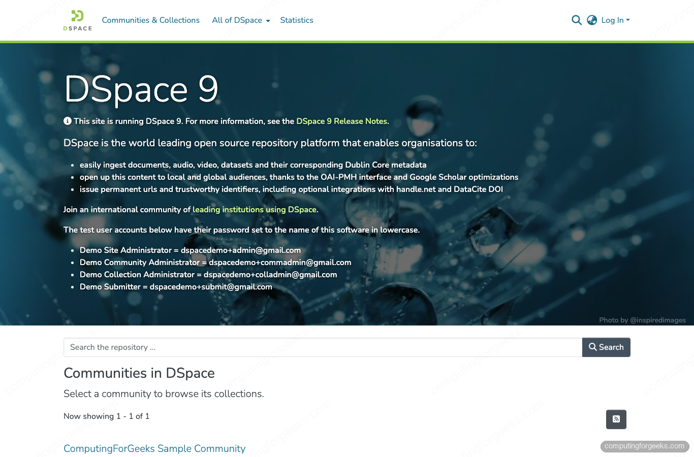 DSpace 9 homepage on Rocky Linux 10 with the default DSpace theme