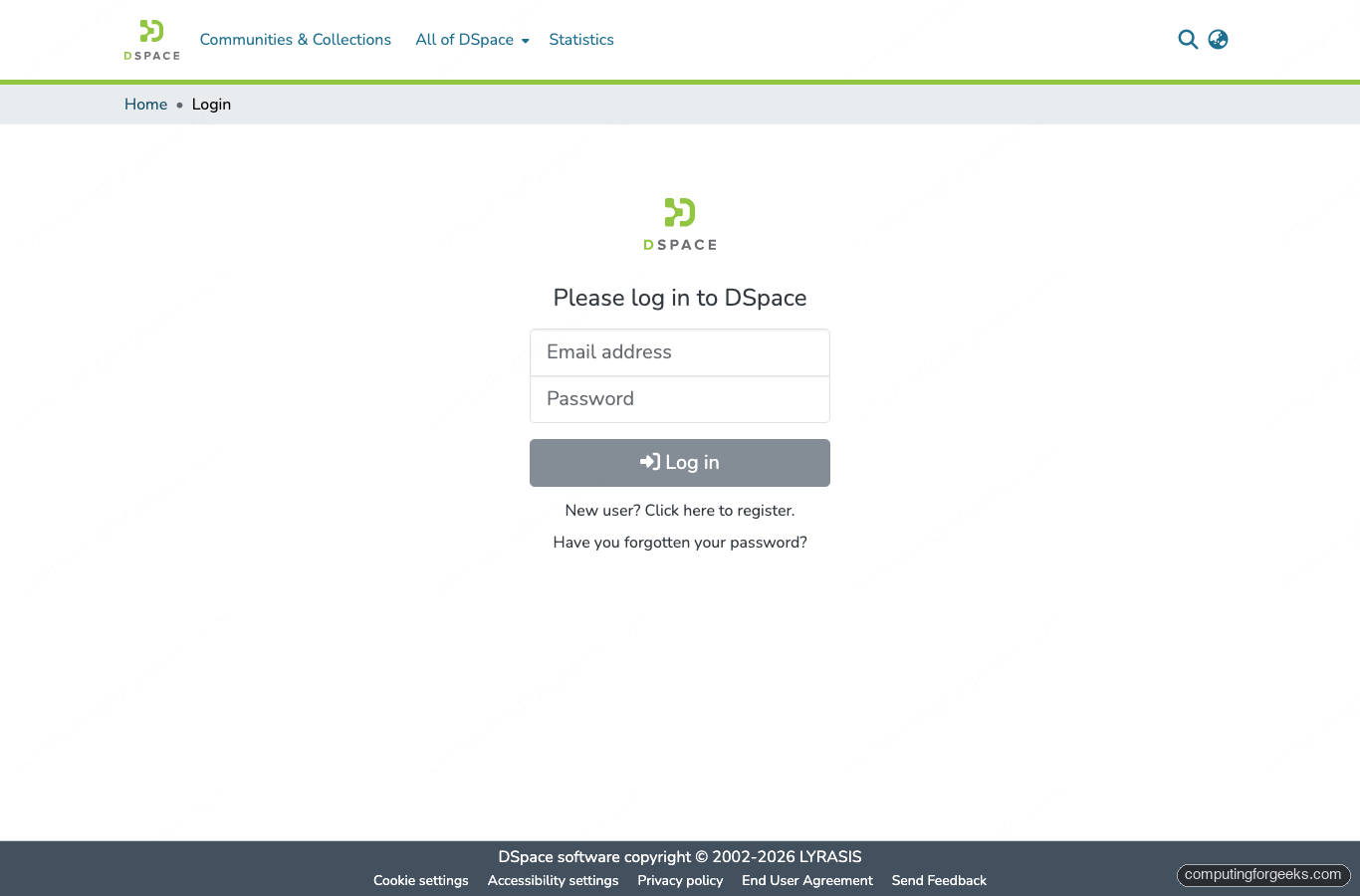 DSpace 9 login page rendered on Rocky Linux 10