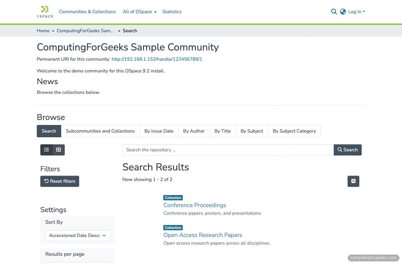 DSpace 9 sample community detail page with sub-collections on Rocky Linux 10