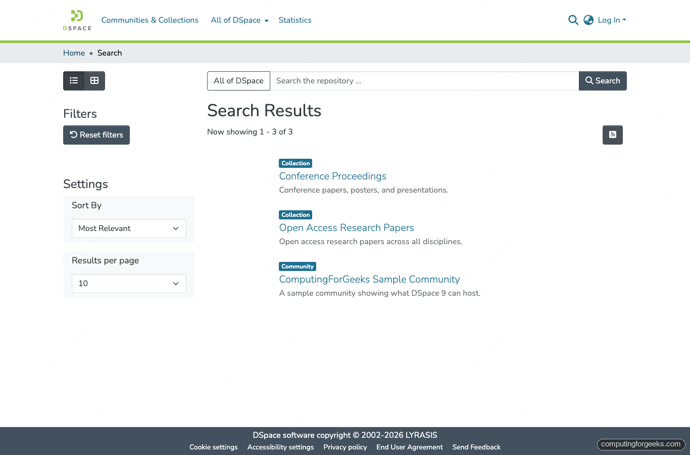 DSpace 9 search results listing community and collections on Rocky Linux 10