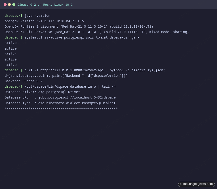 Terminal screenshot verifying DSpace 9.2, PostgreSQL 16, Solr 9.10.1, Tomcat 10.1.55, Nginx on Rocky Linux 10