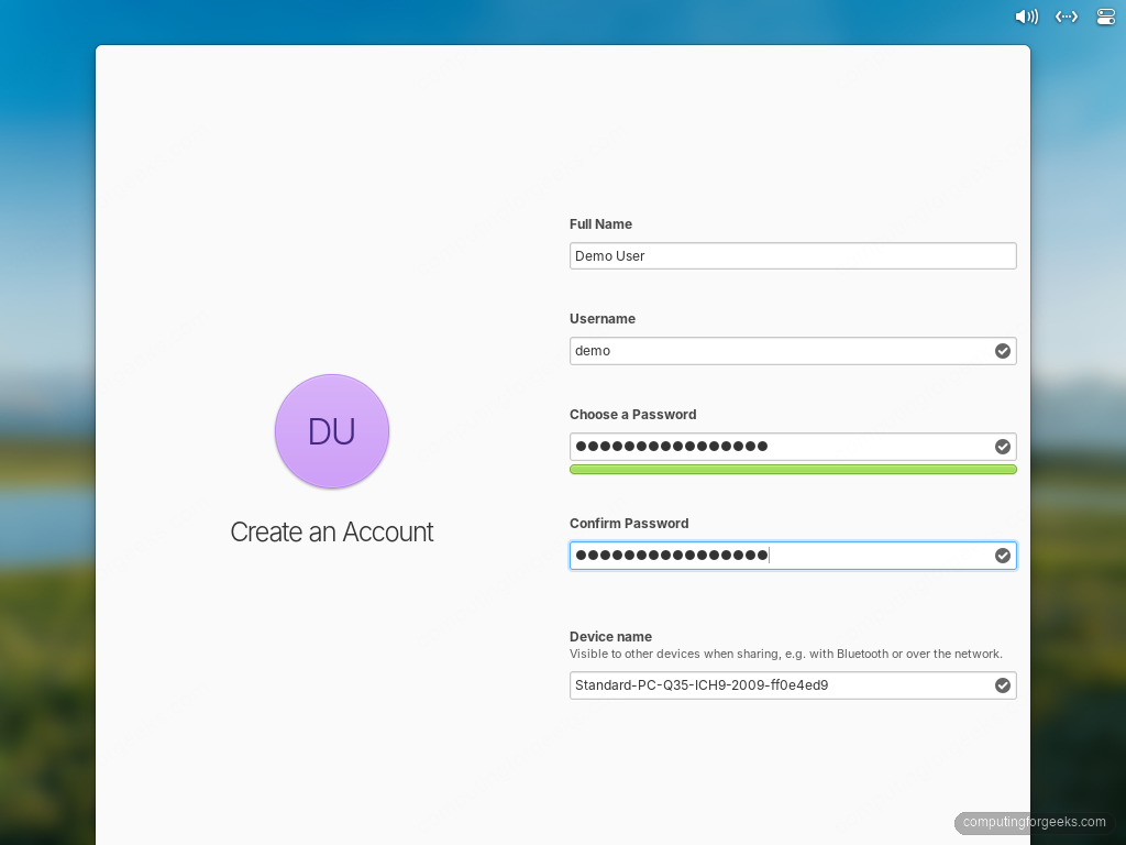 elementary OS first boot account form filled with Demo User