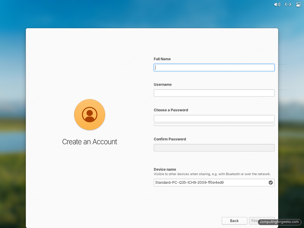 elementary OS first boot Create an Account screen