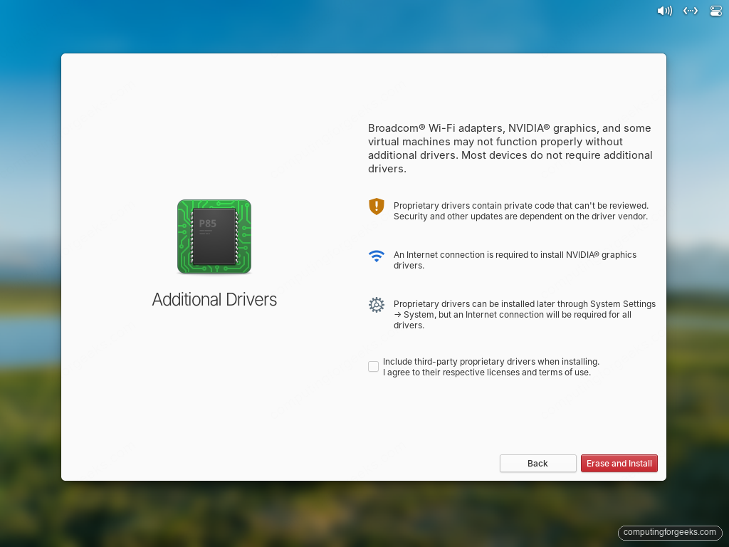 elementary OS installer Additional Drivers screen