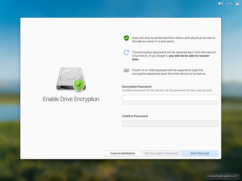 elementary OS installer Enable Drive Encryption screen