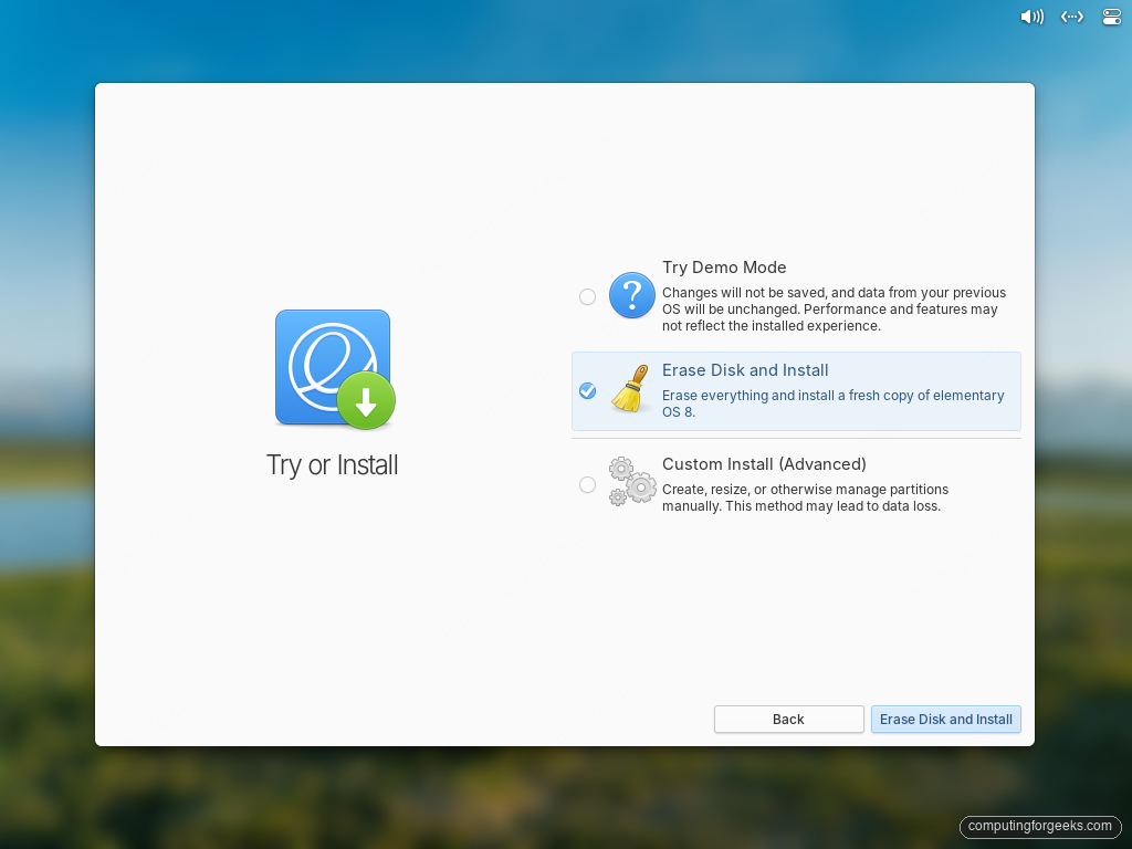 elementary OS installer Erase Disk and Install option selected