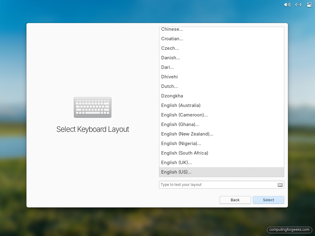 elementary OS installer keyboard layout selection with English US