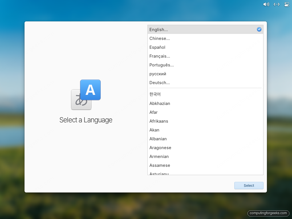 elementary OS installer language picker showing English options