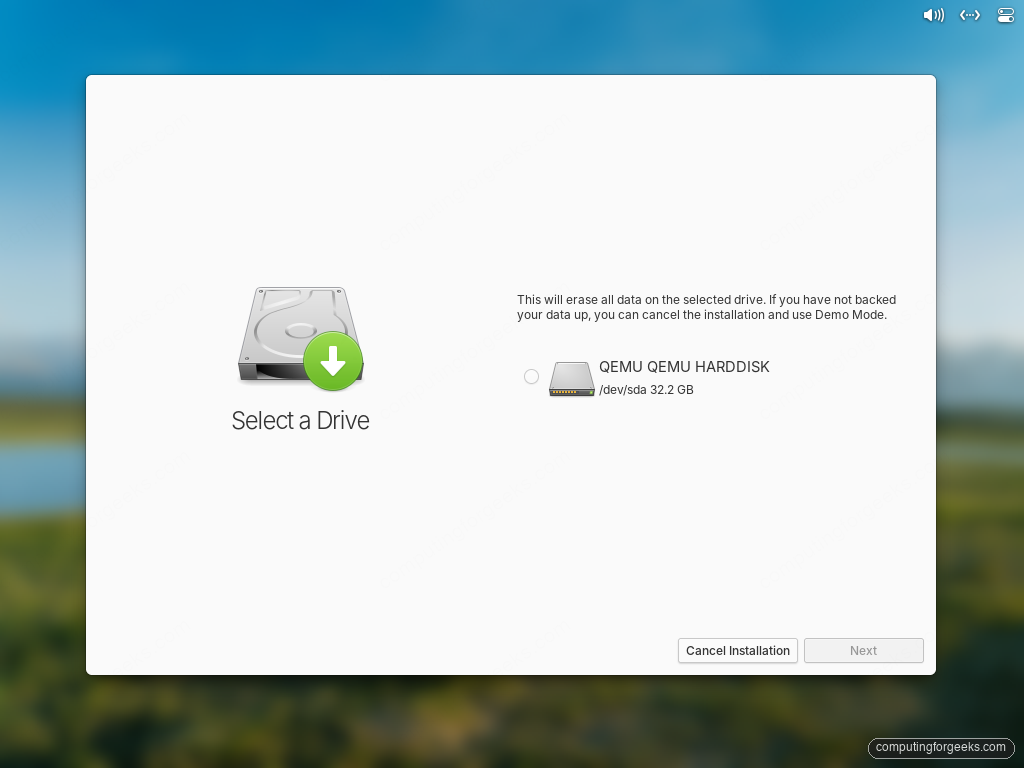 elementary OS installer Select a Drive screen showing QEMU disk