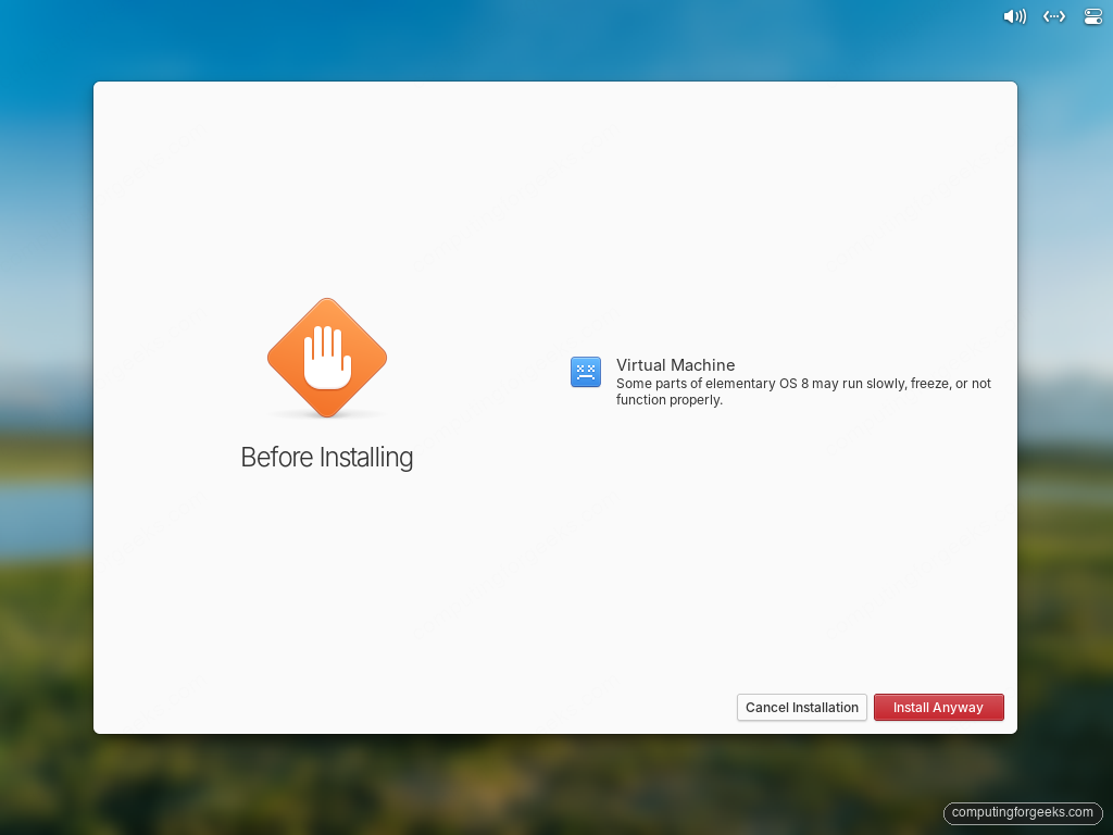 elementary OS installer Before Installing virtual machine warning