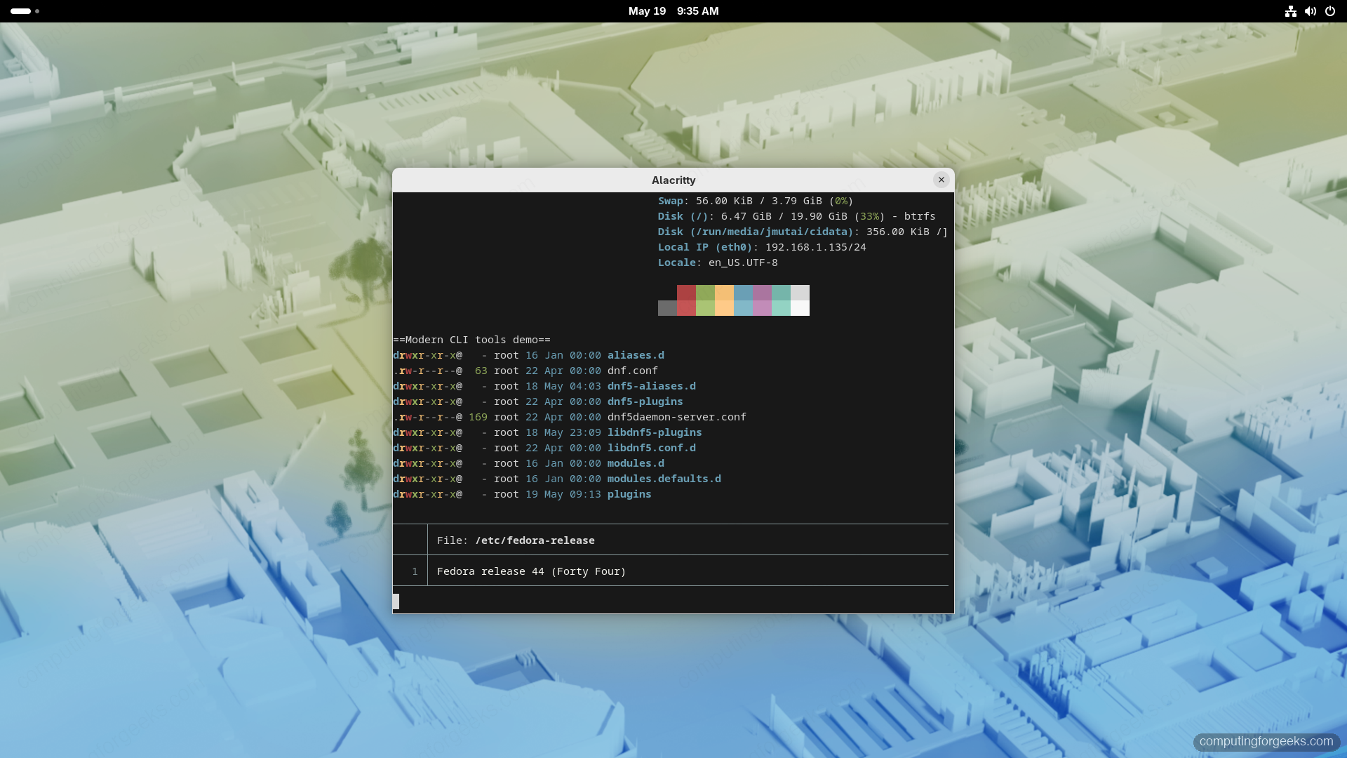 Alacritty terminal Fedora 44 fastfetch eza bat modern CLI tools
