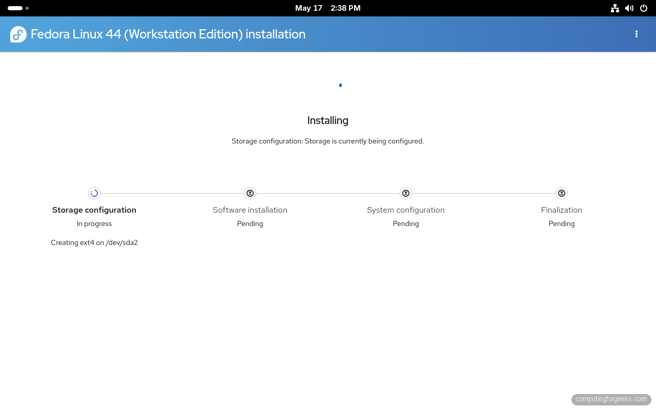 Fedora 44 Anaconda installation progress phases