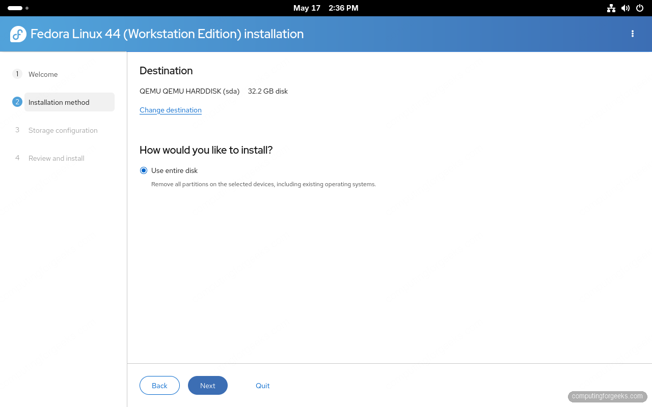Fedora 44 Anaconda Installation method screen with destination disk