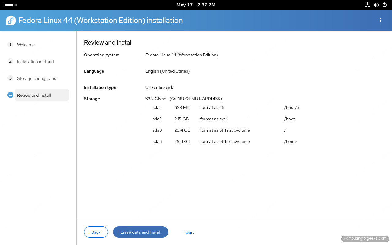 Fedora 44 Anaconda Review and install with Btrfs partition layout