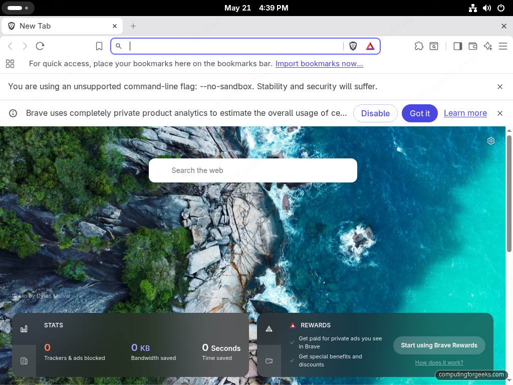 Brave Browser 148.1.90 stable channel running on Fedora 44 GNOME 50 showing the privacy-focused new tab page with shields and rewards stats