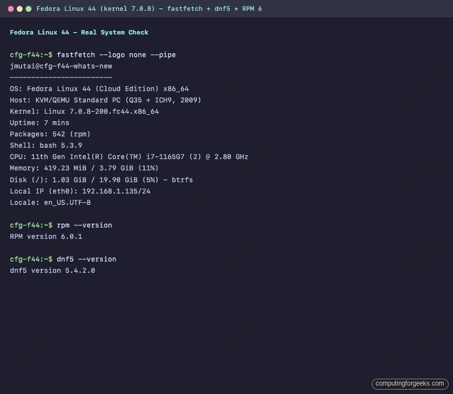 Fedora 44 fastfetch terminal output showing kernel 7.0.8 DNF5 RPM 6