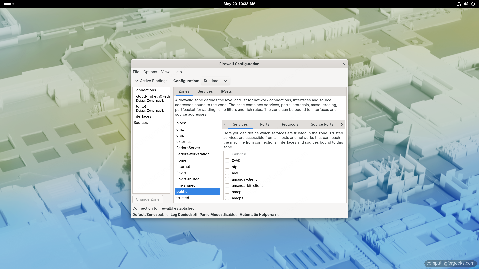 firewall-config GUI with zones list and services tab on Fedora 44